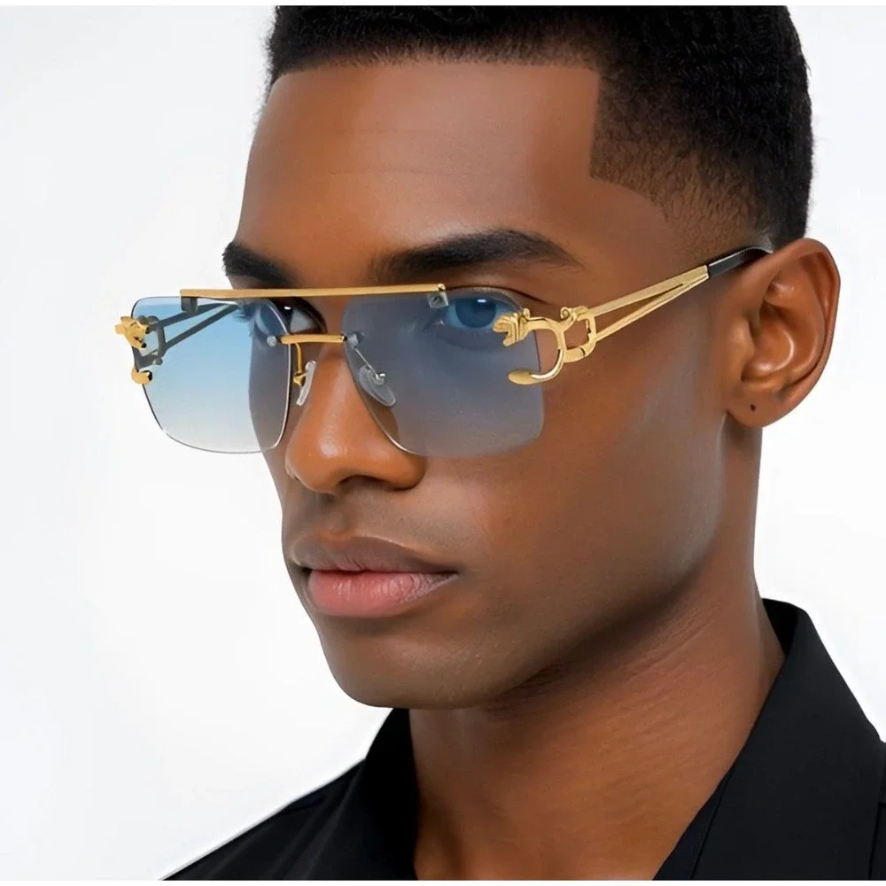 Rimless Rectangle Sunglasses Green Lens Fashion Shades Hip Hop Designer‎ Lentes